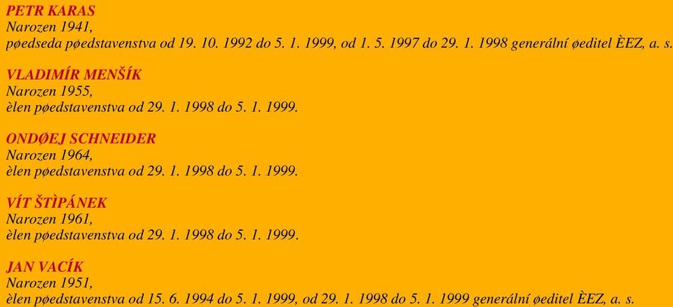 ONDØEJ SCHNEIDER Narozen 1964, èlen pøedstavenstva od 29. 1. 1998 do 5. 1. 1999.