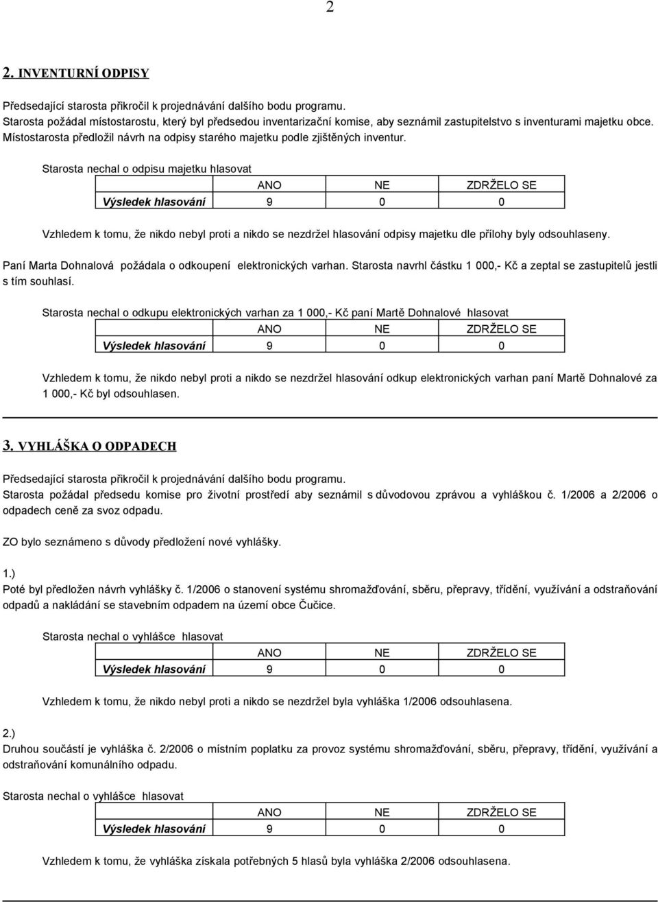Starosta nechal o odpisu majetku hlasovat Vzhledem k tomu, že nikdo nebyl proti a nikdo se nezdržel hlasování odpisy majetku dle přílohy byly odsouhlaseny.