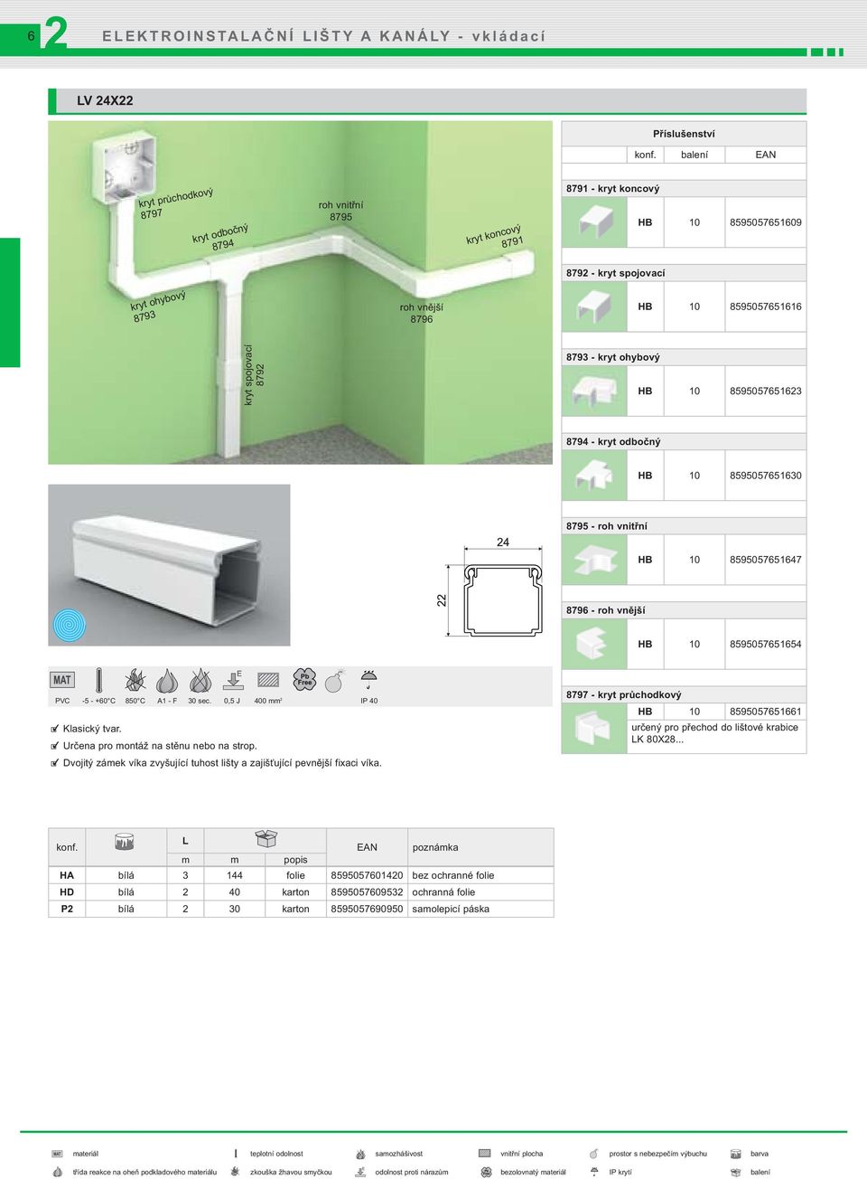 Dvojitý zámek víka zvyšující tuhost lišty a zajišťující pevnější fixaci víka. 8797 - kryt průchodkový HB 10 8595057651661 určený pro přechod do lištové krabice K 80X8.