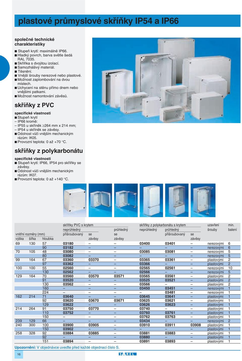 skfiíàky z PVC specifické vlastnosti StupeÀ krytí IP66 kromû: IP55 u skfiínûk 264 mm x 214 mm; IP54 u skfiínûk se závûsy. Odolnost vûãi vnûj ím mechanick m rázûm: IK05. Provozní teplota: 0 aï +70 C.