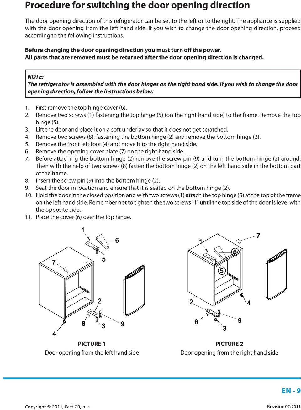 Before changing the door opening direction you must turn off the power. All parts that are removed must be returned after the door opening direction is changed.