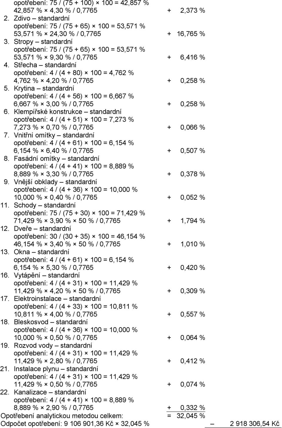 Krytina standardní opotřebení: 4 / (4 + 56) 100 = 6,667 % 6,667 % 3,00 % / 0,7765 + 0,258 % 6.