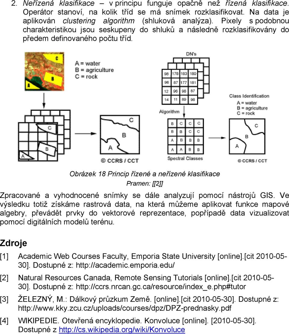 Obrázek 18 Princip řízené a neřízené klasifikace Zpracované a vyhodnocené snímky se dále analyzují pomocí nástrojů GIS.