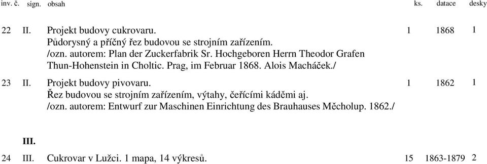 Alois Macháček./ 23 II. Projekt budovy pivovaru. Řez budovou se strojním zařízením, výtahy, čeřícími káděmi aj. /ozn.