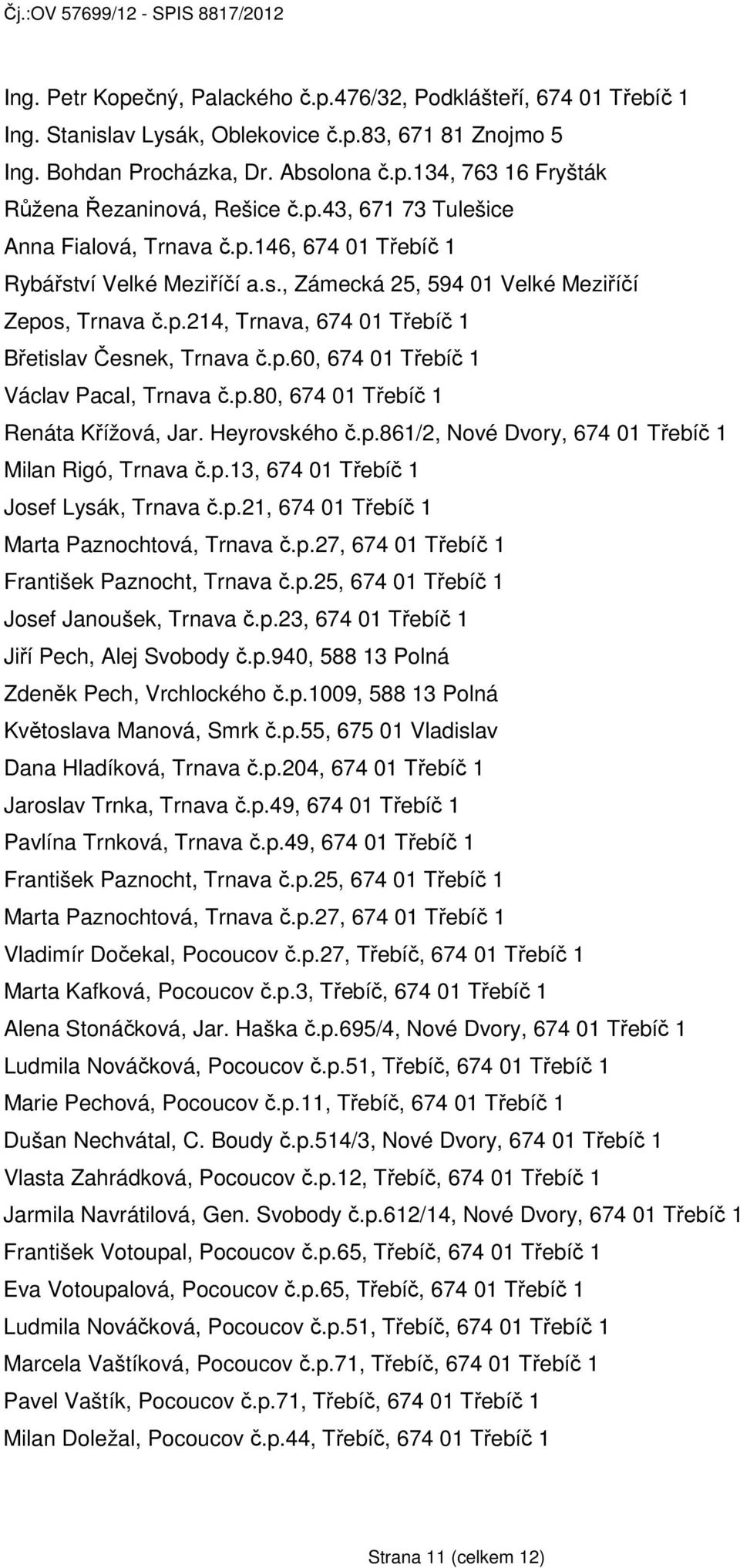 p.60, 674 01 Třebíč 1 Václav Pacal, Trnava č.p.80, 674 01 Třebíč 1 Renáta Křížová, Jar. Heyrovského č.p.861/2, Nové Dvory, 674 01 Třebíč 1 Milan Rigó, Trnava č.p.13, 674 01 Třebíč 1 Josef Lysák, Trnava č.