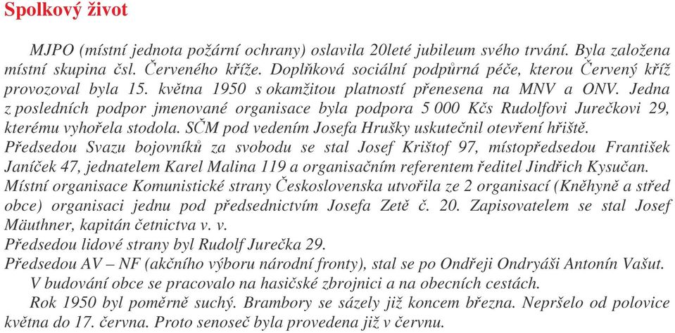 Jedna z posledních podpor jmenované organisace byla podpora 5 000 Ks Rudolfovi Jurekovi 29, kterému vyhoela stodola. SM pod vedením Josefa Hrušky uskutenil otevení hišt.