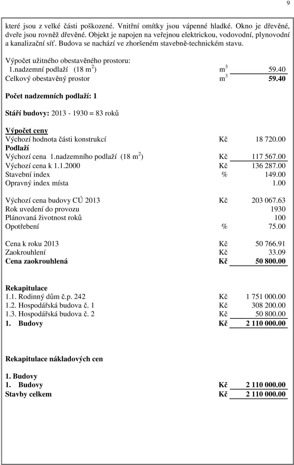 nadzemní podlaží (18 m 2 ) m 3 59.40 Celkový obestavěný prostor m 3 59.40 Počet nadzemních podlaží: 1 Stáří budovy: 2013-1930 = 83 roků Výpočet ceny Výchozí hodnota části konstrukcí Kč 18 720.