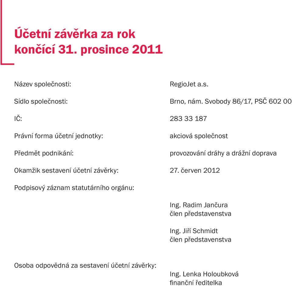 a drážní doprava Okamžik sestavení účetní závěrky: 27. červen 2012 Podpisový záznam statutárního orgánu: Ing.