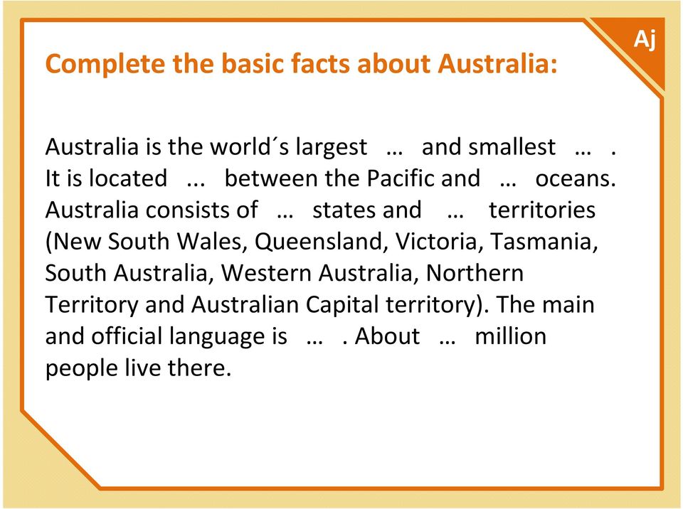 Australia consists of states and territories (New South Wales, Queensland, Victoria, Tasmania,