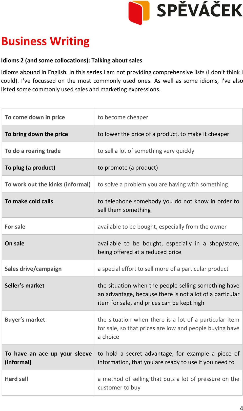 To come down in price To bring down the price To do a roaring trade To plug (a product) To work out the kinks (informal) To make cold calls For sale On sale Sales drive/campaign Seller s market Buyer