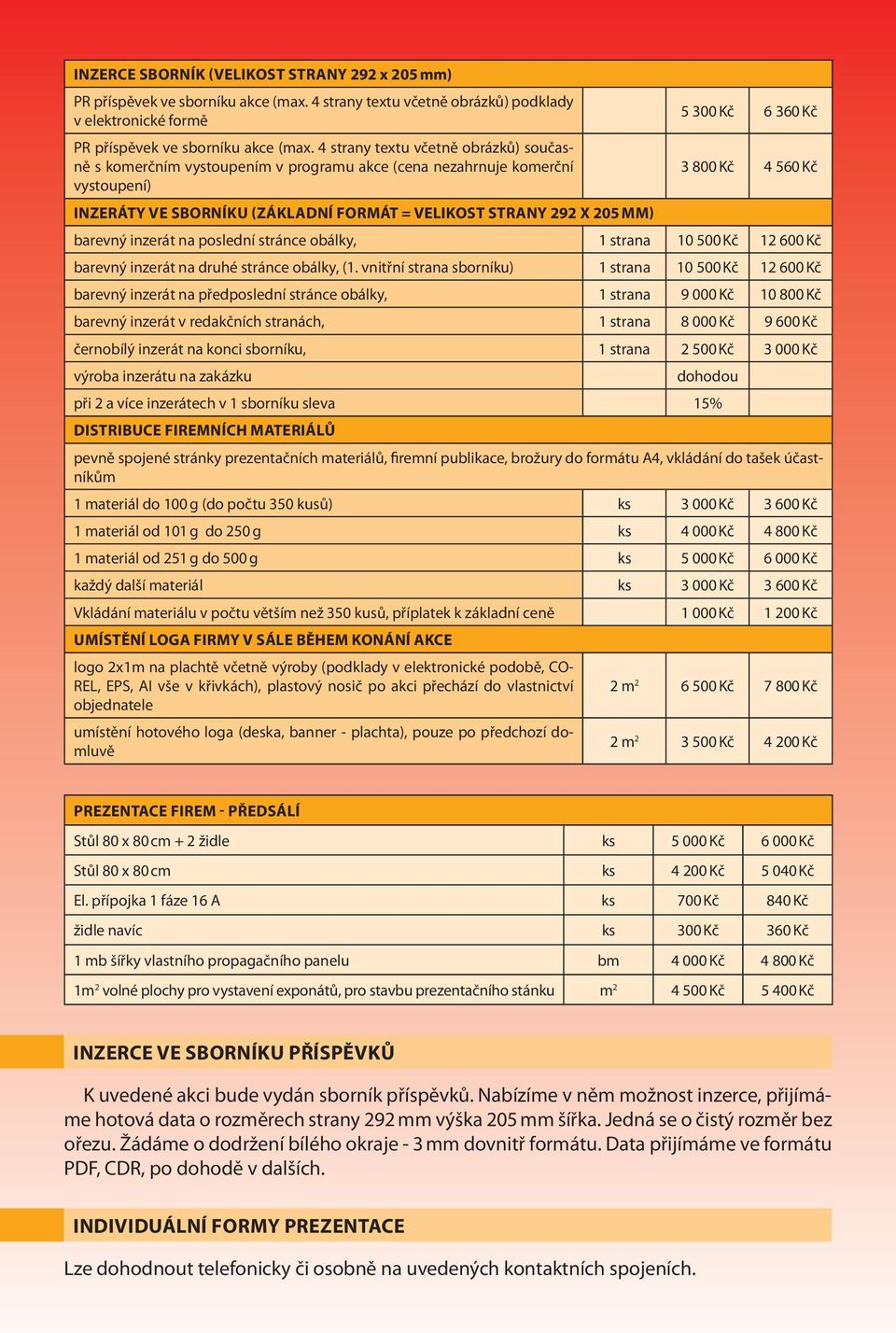 205 MM) barevný inzerát na poslední stránce obálky, 1 strana 10 500 Kč 12 600 Kč barevný inzerát na druhé stránce obálky, (1.