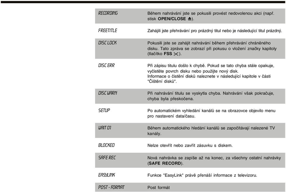 Tato zpráva se zobrazí při pokusu o vložení značky kapitoly (tlačítko FSS ). Při zápisu titulu došlo k chybě. Pokud se tato chyba stále opakuje, vyčistěte povrch disku nebo použijte nový disk.