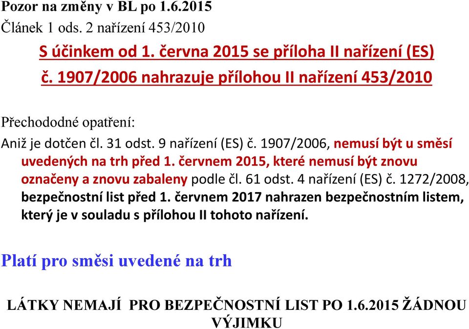 1907/2006, nemusí být u směsí uvedených na trh před 1. červnem 2015, které nemusí být znovu označeny a znovu zabaleny podle čl. 61 odst. 4 nařízení (ES) č.