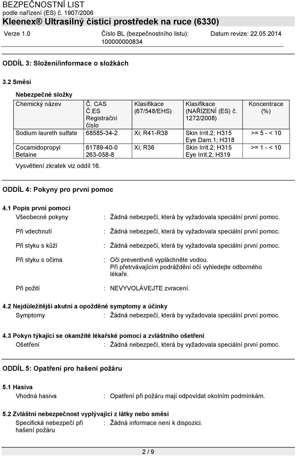 2; H319 Vysvětlení zkratek viz oddíl 16. Koncentrace (%) >= 5 - < 10 >= 1 - < 10 ODDÍL 4: Pokyny pro první pomoc 4.