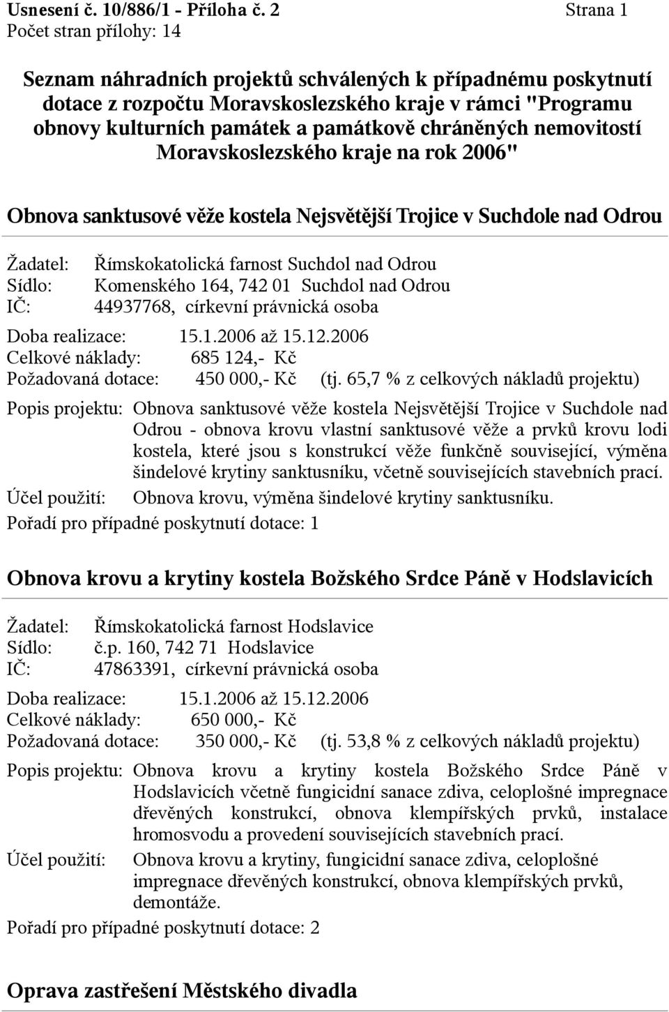 Moravskoslezského kraje na rok 2006" Obnova sanktusové věže kostela Nejsvětější Trojice v Suchdole nad Odrou Římskokatolická farnost Suchdol nad Odrou Komenského 164, 742 01 Suchdol nad Odrou