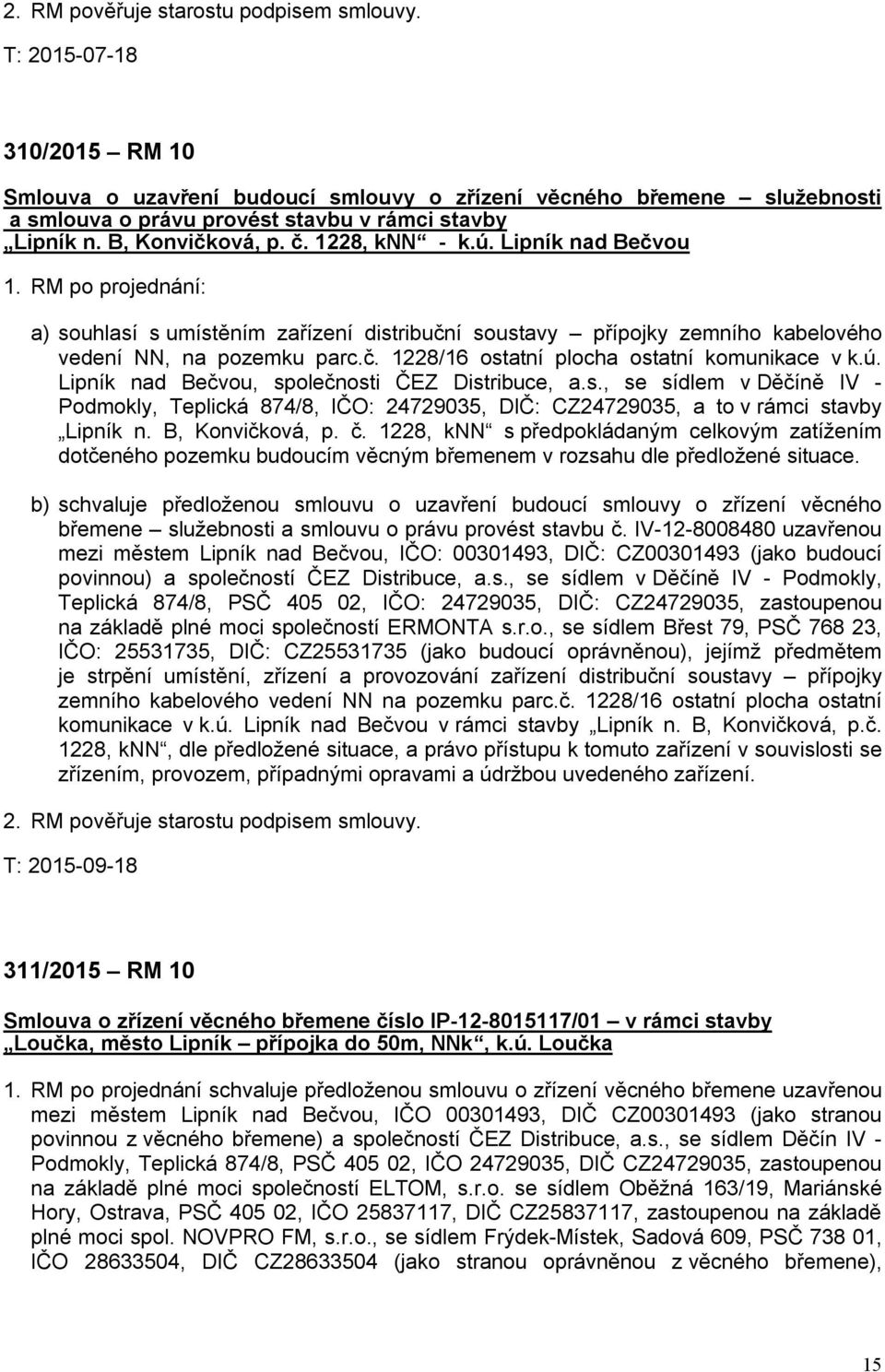 Lipník nad Bečvou 1. RM po projednání: a) souhlasí s umístěním zařízení distribuční soustavy přípojky zemního kabelového vedení NN, na pozemku parc.č. 1228/16 ostatní plocha ostatní komunikace v k.ú.