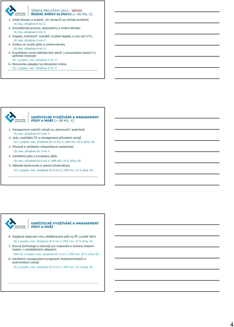 TÉMATA PRO VÝZVY 2013 - NÁVRH ŘEŠENÍ ZMĚNY KLIMATU (~ 80 MIL. ) 5. Kvantifikace emisí skleníkových plynů ( consumption-based ) a politické možnosti CP, 1 projekt, max. příspěvek 3 mil. 6.