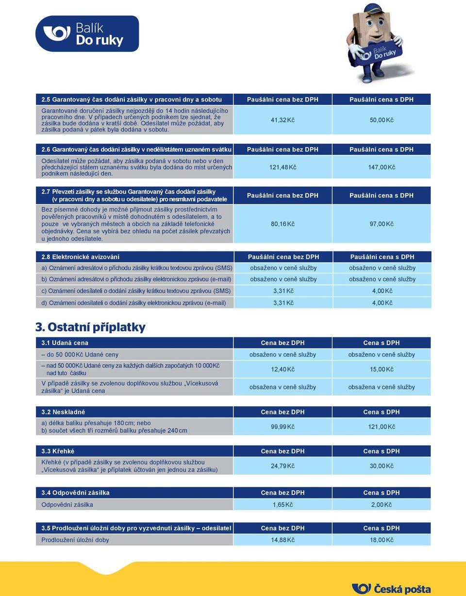 6 Garantovaný čas dodání zásilky v neděli/státem uznaném svátku Paušální cena bez DPH Paušální cena s DPH Odesílatel může požádat, aby zásilka podaná v sobotu nebo v den předcházející státem uznanému