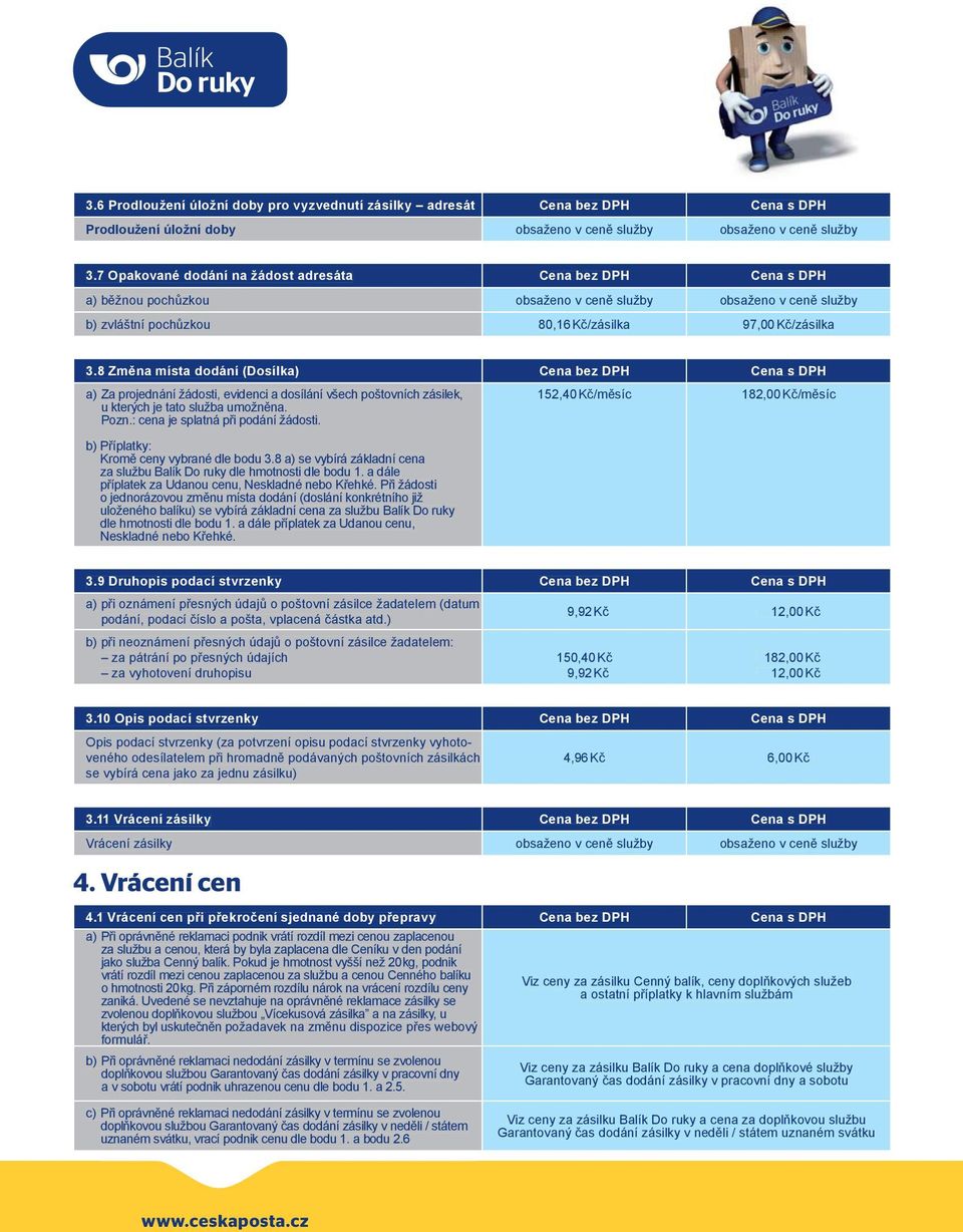 8 Změna místa dodání (Dosílka) Cena bez DPH Cena s DPH a) Za projednání žádosti, evidenci a dosílání všech poštovních zásilek, u kterých je tato služba umožněna. Pozn.