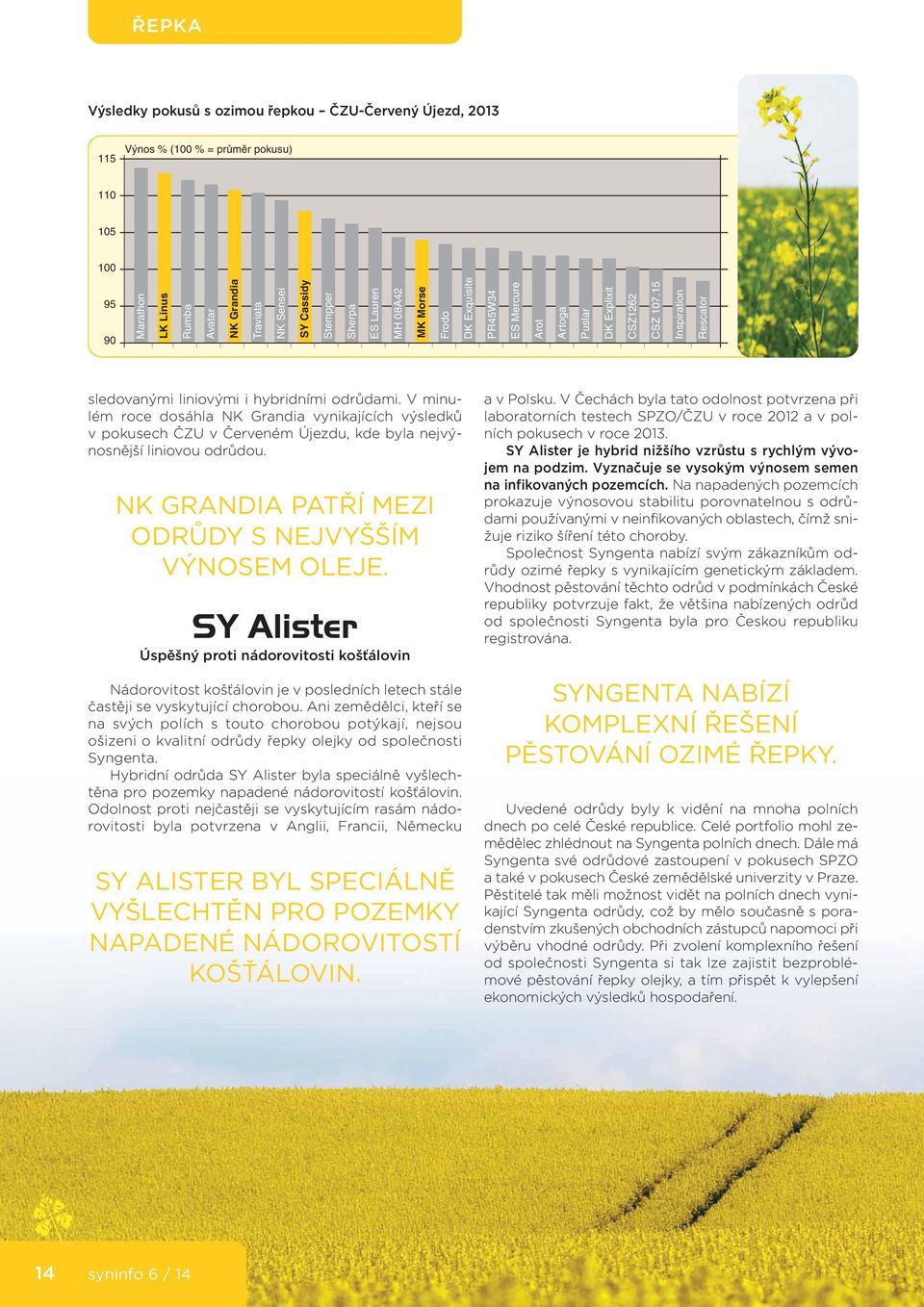 V minulém roce dosáhla NK Grandia vynikajících výsledků v pokusech ČZU v Červeném Újezdu, kde byla nejvýnosnější liniovou odrůdou. NK GRANDIA PATŘÍ MEZI ODRŮDY S NEJVYŠŠÍM VÝNOSEM OLEJE.
