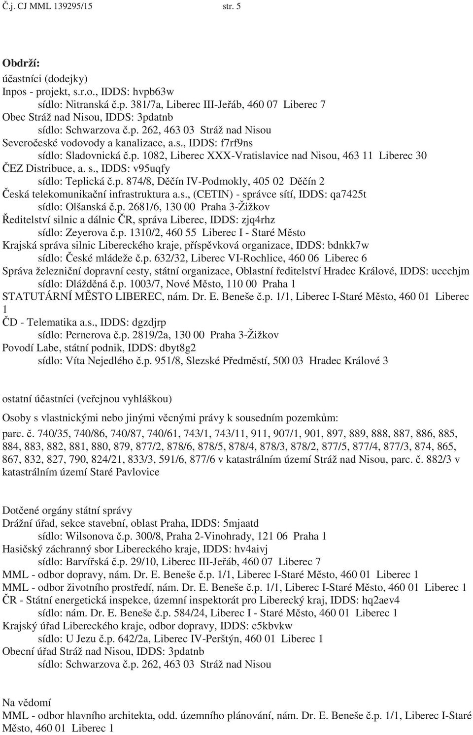 p. 874/8, D ín IV-Podmokly, 405 02 D ín 2 eská telekomunika ní infrastruktura a.s., (CETIN) - správce sítí, IDDS: qa7425t sídlo: Olšanská.p. 2681/6, 130 00 Praha 3-Žižkov editelství silnic a dálnic R, správa Liberec, IDDS: zjq4rhz sídlo: Zeyerova.