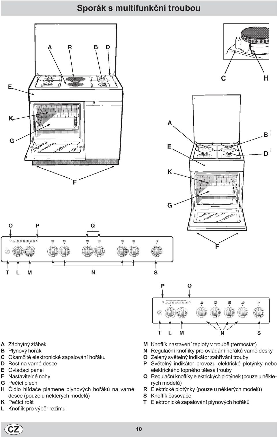 Regulaèní knoflíky pro ovládání hoøákù varné desky O Zelený svìtelný indikátor zahøívání trouby P Svìtelný indikátor provozu elektrické plotýnky nebo elektrického topného tìlesa