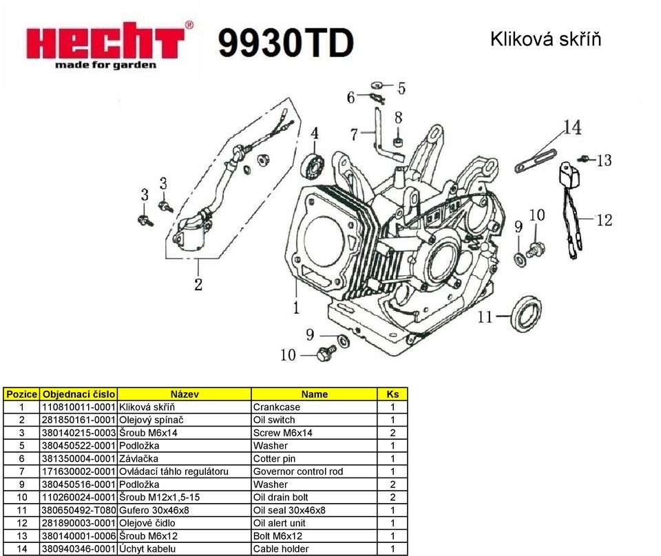 380450516-0001 Podložka Washer 2 10 110260024-0001 Šroub M12x1,5-15 Oil drain bolt 2 11 380650492-T080 Gufero 30x46x8 Oil seal 30x46x8 1 12