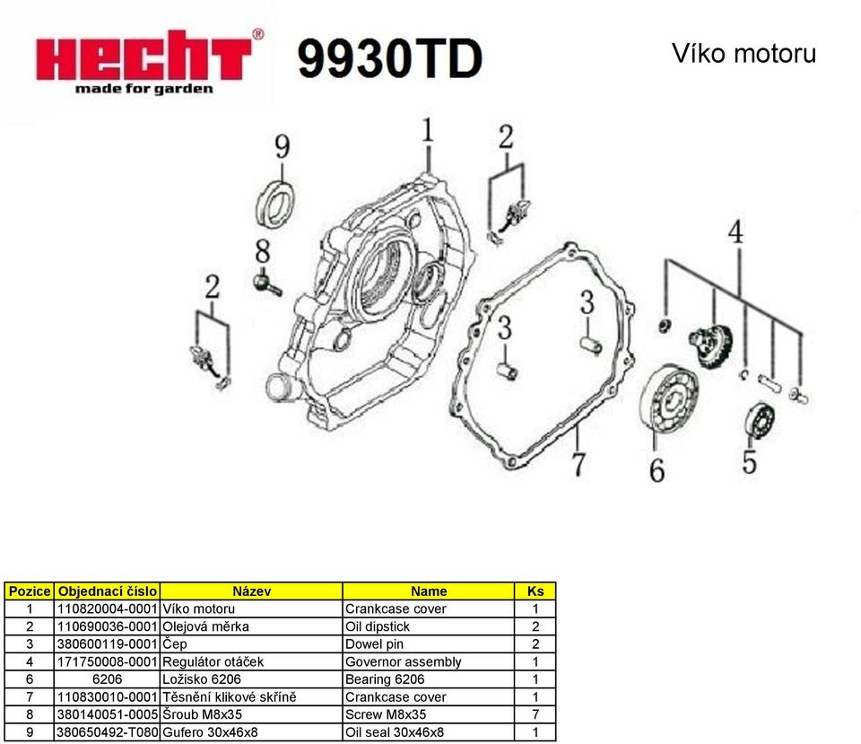 Ložisko 6206 Bearing 6206 1 7 110830010-0001 Těsnění klikové skříně Crankcase cover 1 8