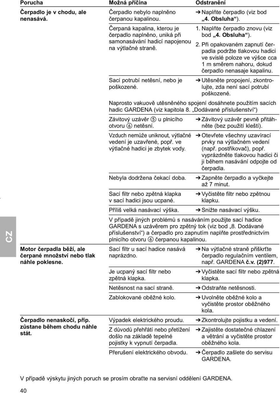 Sací potrubí netěsní, nebo je poškozené. Naprosto vakuově utěsněného spojení dosáhnete použitím sacích hadic GARDENA (viz kapitola 8.