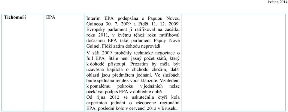 Evropský parlament ji ratifikoval na začátku roku 2011, v květnu téhož roku ratifikoval dočasnou EPA také parlament Papuy Nové Guinei, Fidži zatím dohodu neprovádí.