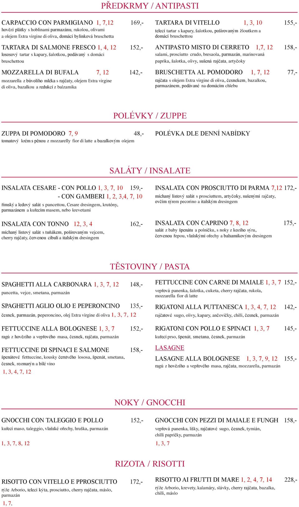 a redukcí z balzamika TARTARA DI VITELLO 1, 3, 10 155,- telecí tartar s kapary, šalotkou, pošírovaným žloutkem a domácí bruschettou ANTIPASTO MISTO DI CERRETO 1,7, 12 158,- salami, prosciutto crudo,