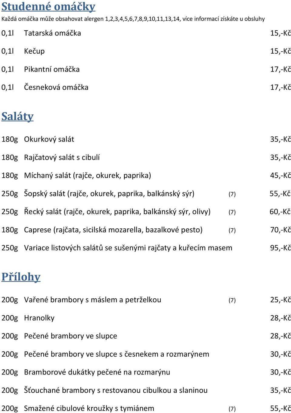 Caprese (rajčata, sicilská mozarella, bazalkové pesto) (7) 70,-Kč 250g Variace listových salátů se sušenými rajčaty a kuřecím masem 95,-Kč Přílohy 200g Vařené brambory s máslem a petrželkou (7)
