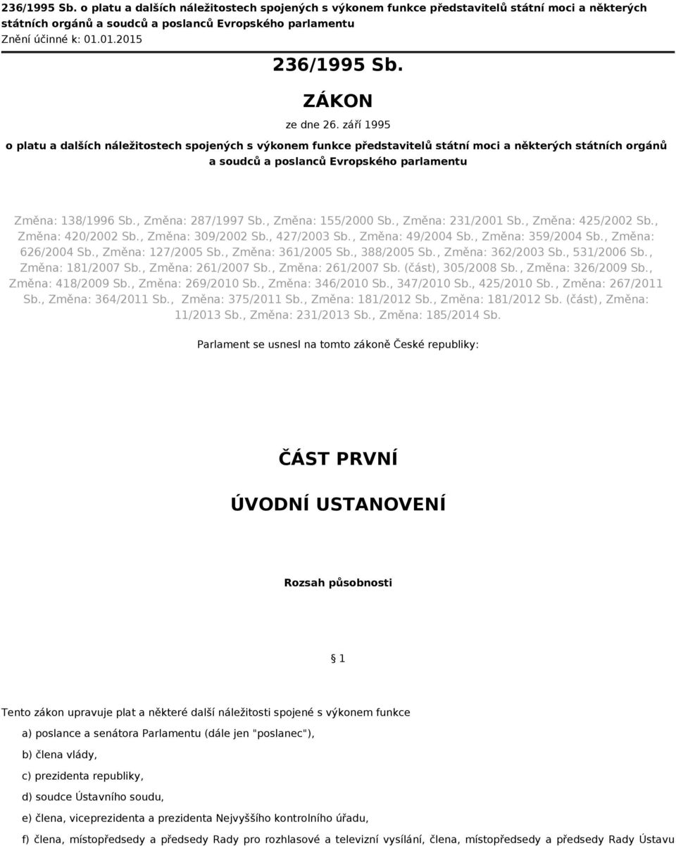 září 1995 o platu a dalších náležitostech spojených s výkonem funkce představitelů státní moci a některých státních orgánů a soudců a poslanců Evropského parlamentu Změna: 138/1996 Sb.