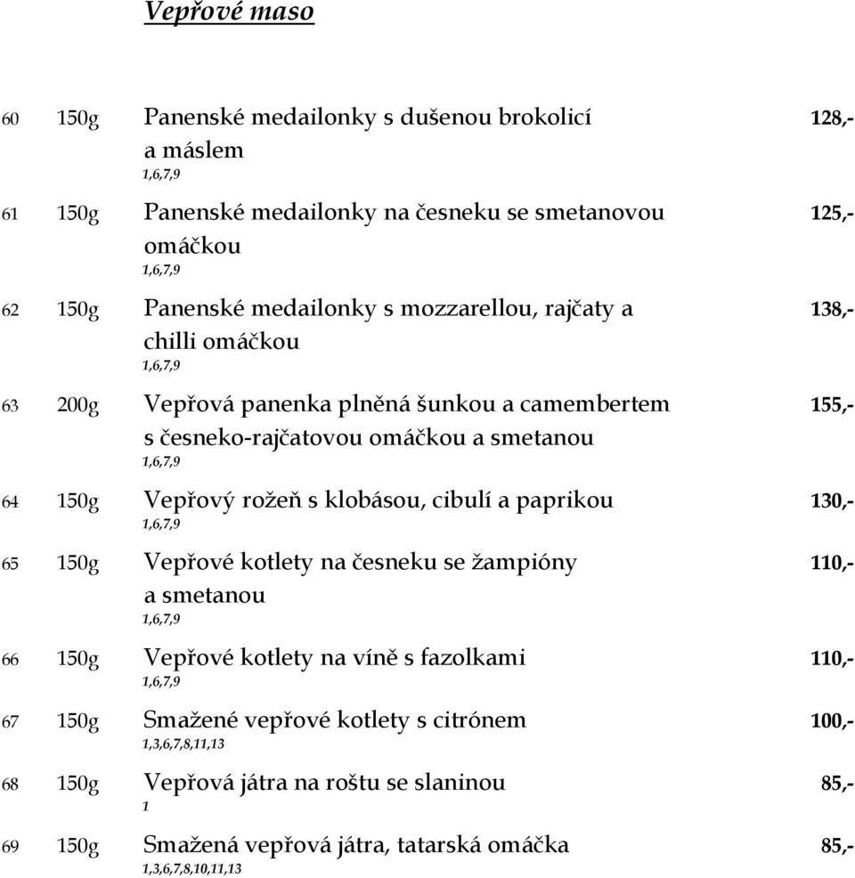 50g Vepřový rožeň s klobásou, cibulí a paprikou 30,- 65 50g Vepřové kotlety na česneku se žampióny 0,- a smetanou 66 50g Vepřové kotlety na víně s fazolkami