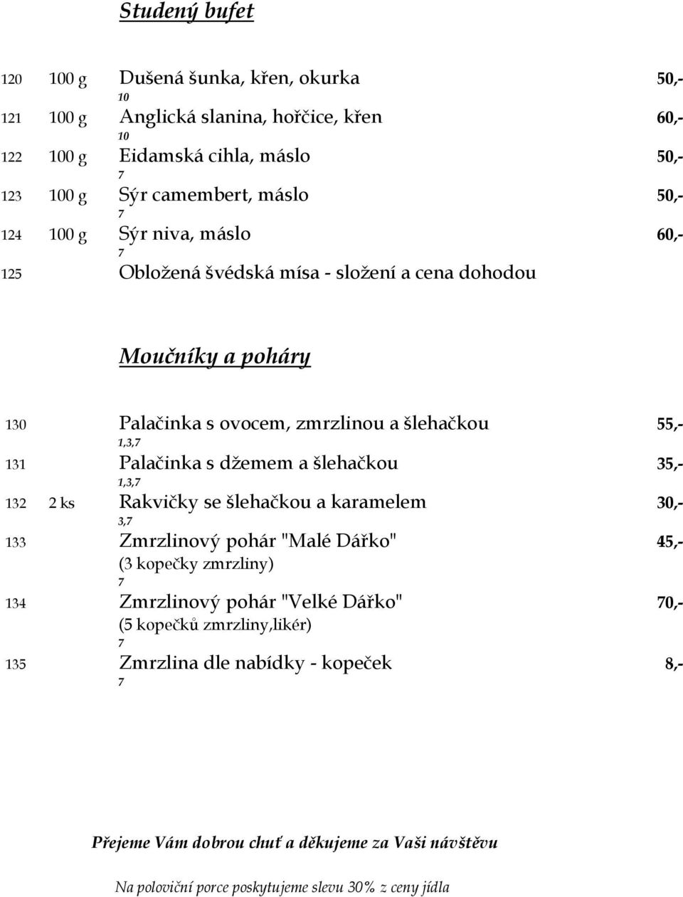 džemem a šlehačkou 35,-,3, 32 2 ks Rakvičky se šlehačkou a karamelem 30,- 3, 33 Zmrzlinový pohár "Malé Dářko" 45,- (3 kopečky zmrzliny) 34 Zmrzlinový pohár "Velké Dářko"