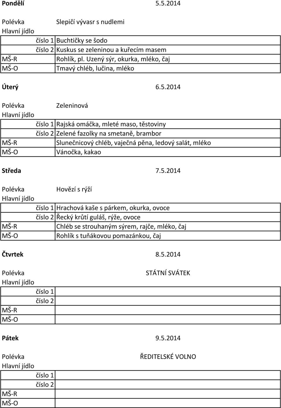 2014 Zeleninová Rajská omáčka, mleté maso, těstoviny Zelené fazolky na smetaně, brambor Slunečnicový chléb, vaječná pěna, ledový salát, mléko