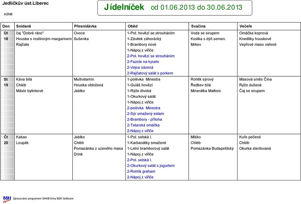 hovězí se strouháním 2-Fazole na kyselo 2-Vejce sázená 2-Rajčatový salát s porkem St Káva bílá Multivitamín 1-polévka Minestra Rohlík sýrový Masová směs Čína 19 Chléb Houska obložená 1-Guláš hovězí