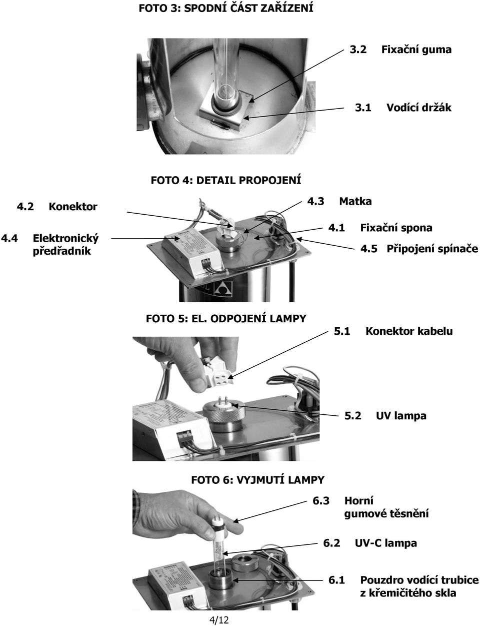 3 Matka 4.1 Fixační spona 4.5 Připojení spínače FOTO 5: EL. ODPOJENÍ LAMPY 5.