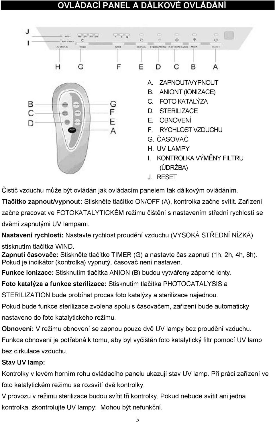 Zařízení začne pracovat ve FOTOKATALYTICKÉM režimu čištění s nastavením střední rychlostí se dvěmi zapnutými UV lampami.