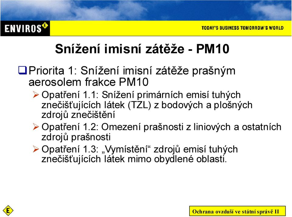 1: Snížení primárních emisí tuhých znečišťujících látek (TZL) z bodových a plošných zdrojů