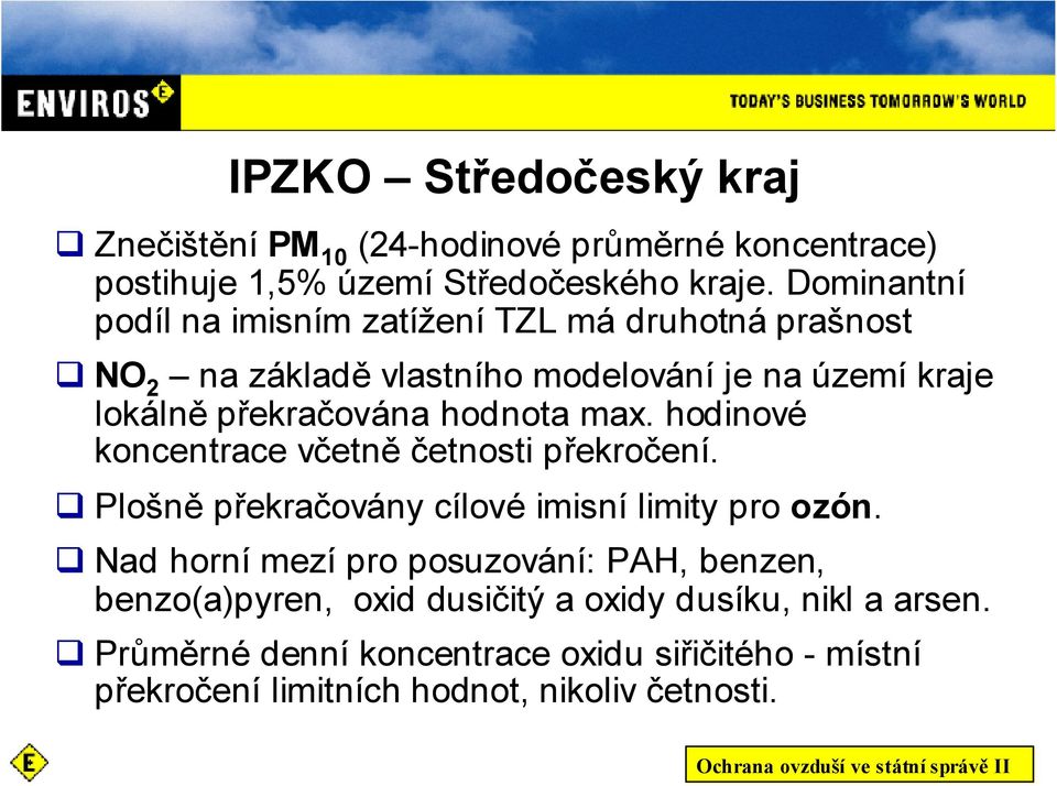 hodnota max. hodinové koncentrace včetně četnosti překročení. Plošně překračovány cílové imisní limity pro ozón.