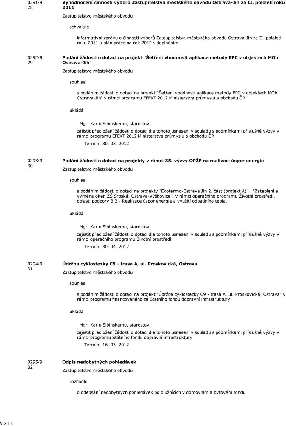 pololetí roku 2011 a plán práce na rok 2012 s doplněním 0292/9 29 Podání žádosti o dotaci na projekt "Šetření vhodnosti aplikace metody EPC v objektech MOb Ostrava-Jih" s podáním žádosti o dotaci na