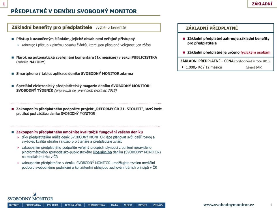 základní benefity pro předplatitele Základní předplatné je určeno fyzickým osobám ZÁKLADNÍ PŘEDPLATNÉ CENA (zvýhodněná v roce 2015) 1.