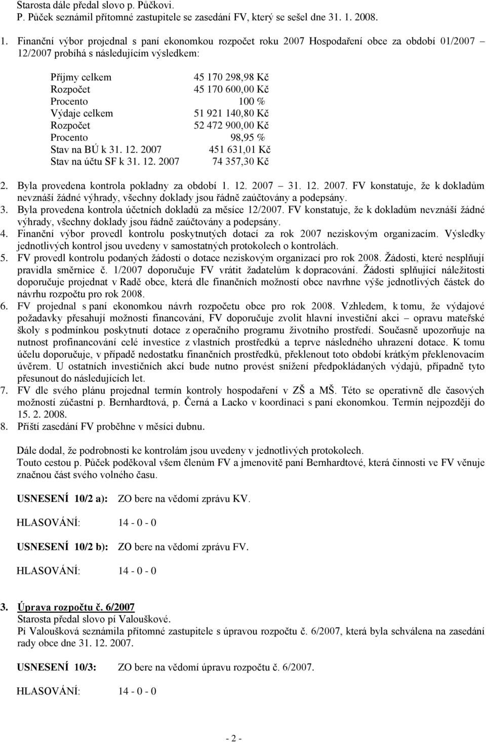 Finanční výbor projednal s paní ekonomkou rozpočet roku 2007 Hospodaření obce za období 01/2007 12/2007 probíhá s následujícím výsledkem: Příjmy celkem 45 170 298,98 Kč Rozpočet 45 170 600,00 Kč