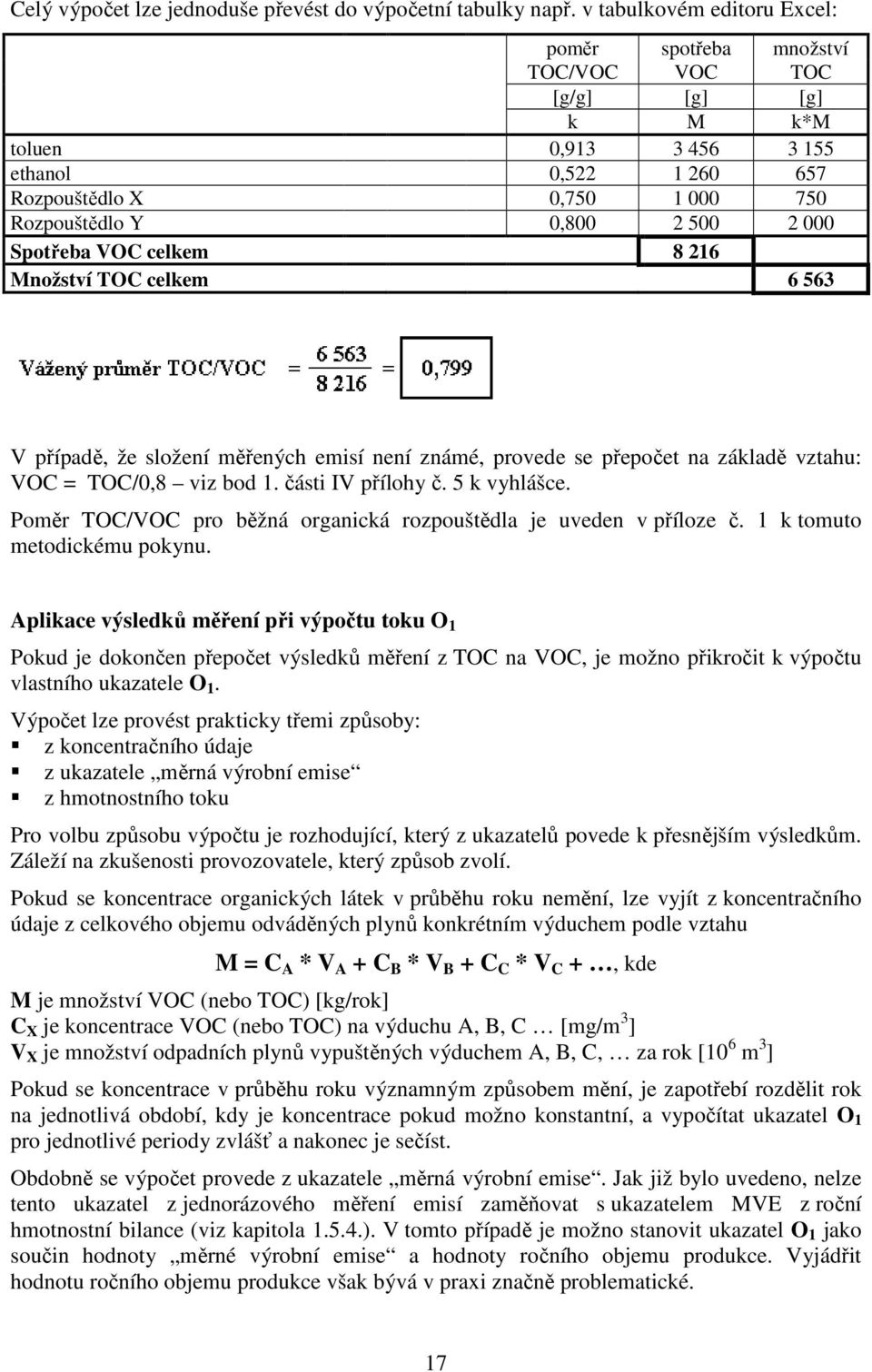 000 Spotřeba VOC celkem 8 216 Množství TOC celkem 6 563 V případě, že složení měřených emisí není známé, provede se přepočet na základě vztahu: VOC = TOC/0,8 viz bod 1. části IV přílohy č.