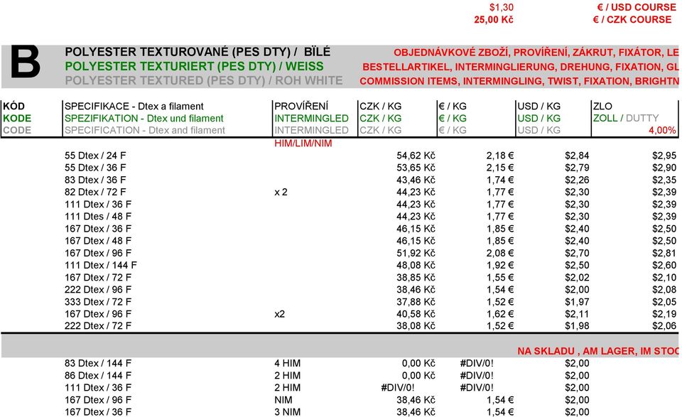 Dtex a filament PROVÍŘENÍ CZK / KG / KG USD / KG ZLO KODE SPEZIFIKATION - Dtex und filament INTERMINGLED CZK / KG / KG USD / KG ZOLL / DUTTY CODE SPECIFICATION - Dtex and filament INTERMINGLED CZK /