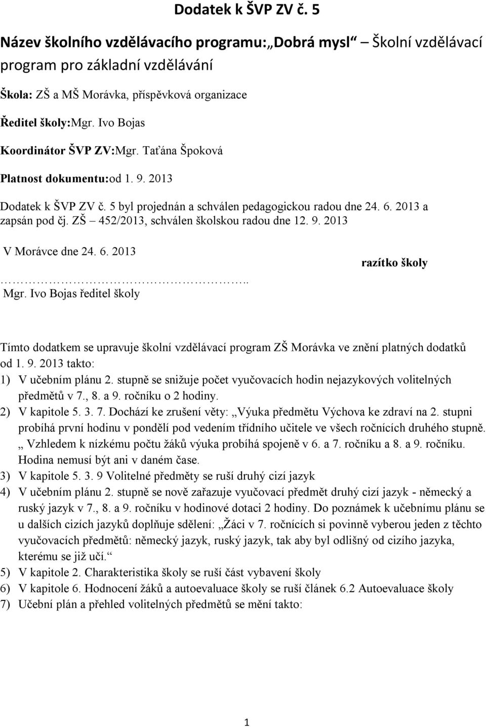 ZŠ 452/2013, schválen školskou radou dne 12. 9. 2013 V Morávce dne 24. 6. 2013.. Mgr.