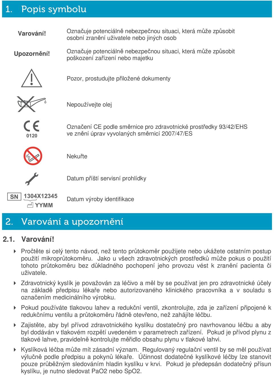 Pozor, prostudujte přiložené dokumenty Nepoužívejte olej 0120 Označení CE podle směrnice pro zdravotnické prostředky 93/42/EHS ve znění úprav vyvolaných směrnicí 2007/47/ES Nekuřte Datum příští