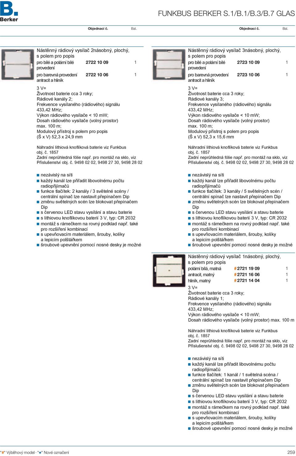 plochý, s polem pro popis pro bílé a polární bílé 2723 0 09 provedení pro barevná provedení 2723 0 06 antracit a hliník 3 V= Životnost baterie cca 3 roky; Rádiové kanály 2; Frekvence vysílaného