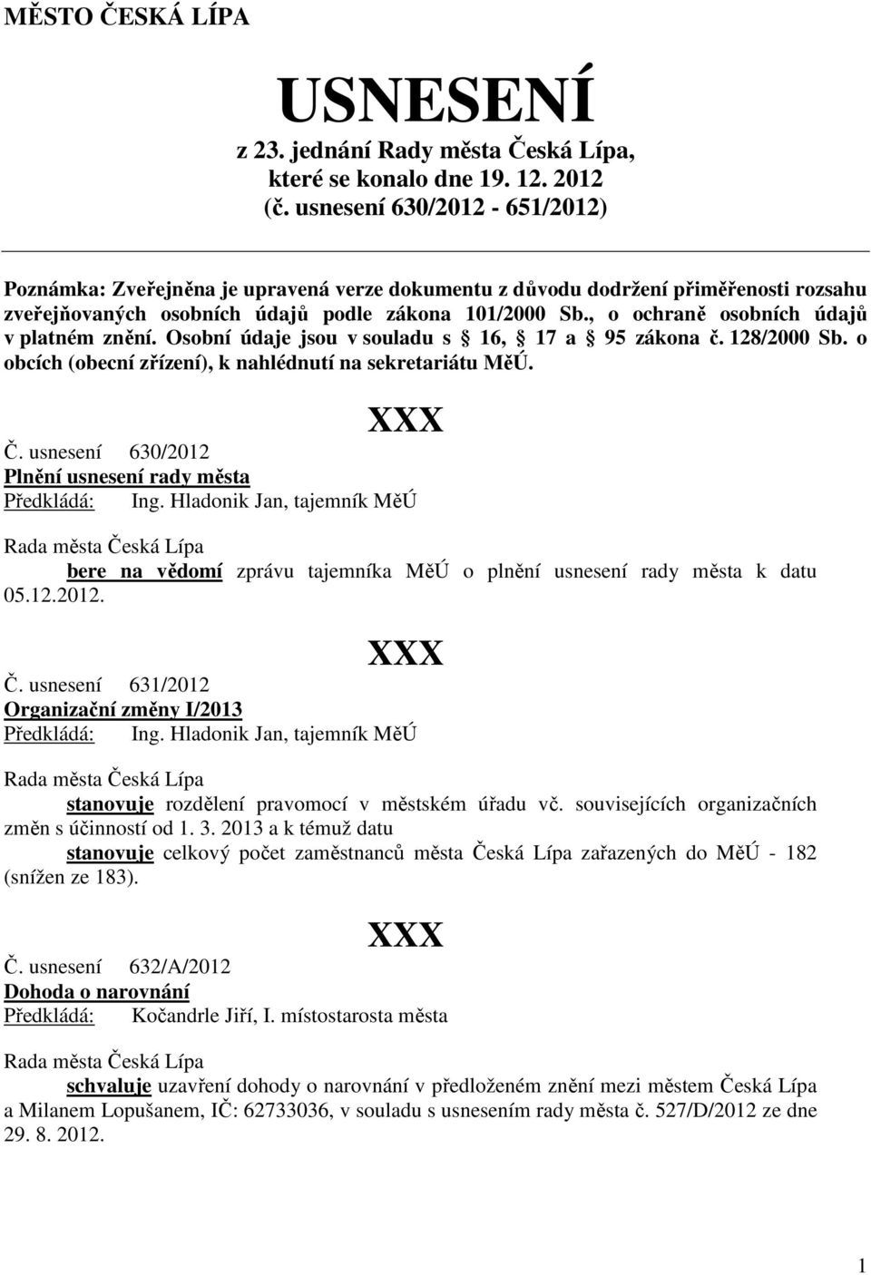 , o ochraně osobních údajů v platném znění. Osobní údaje jsou v souladu s 16, 17 a 95 zákona č. 128/2000 Sb. o obcích (obecní zřízení), k nahlédnutí na sekretariátu MěÚ. Č.